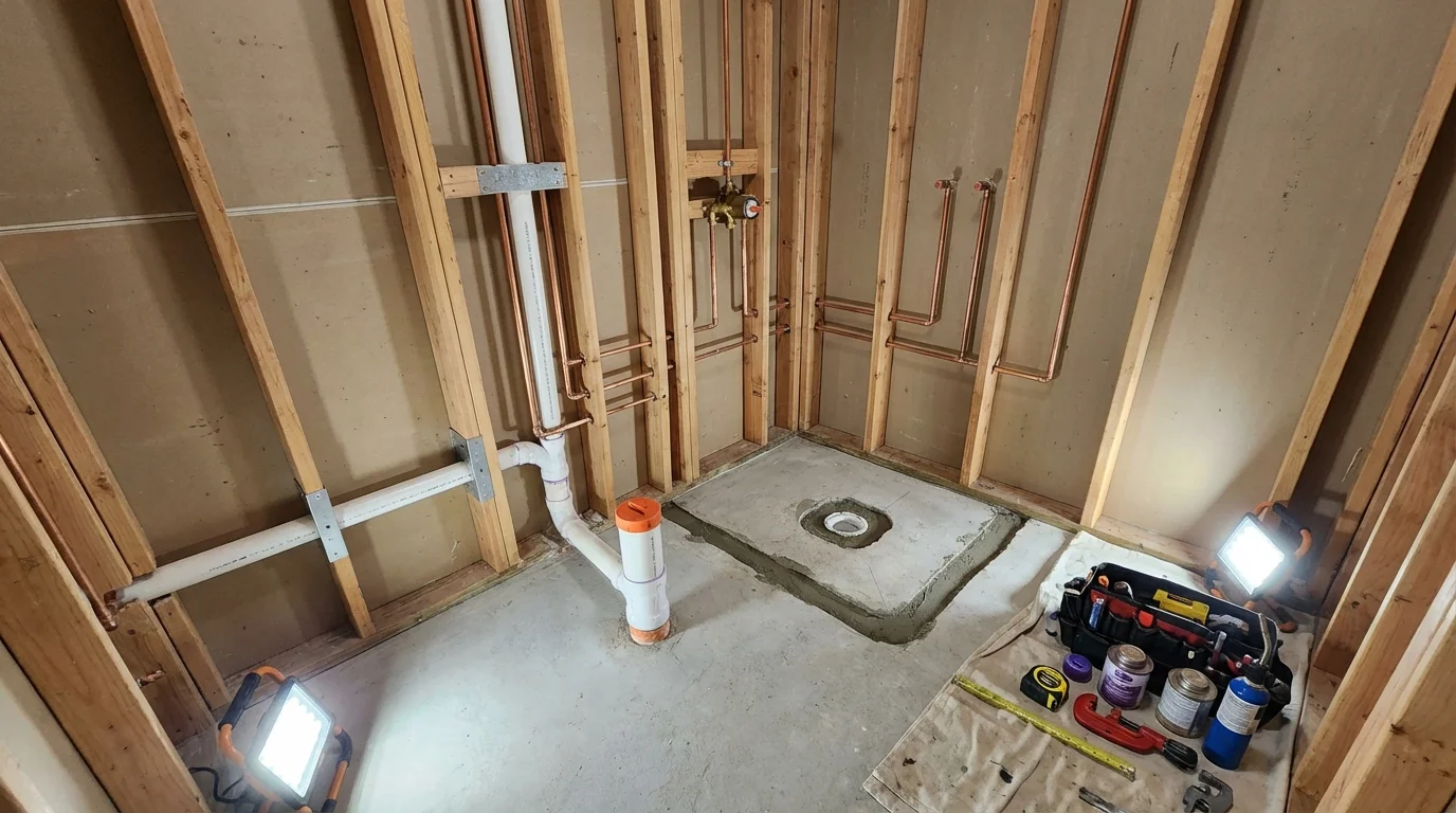 Bathroom rough-in plumbing during remodel by Johns Plumbing LLC in Luckey