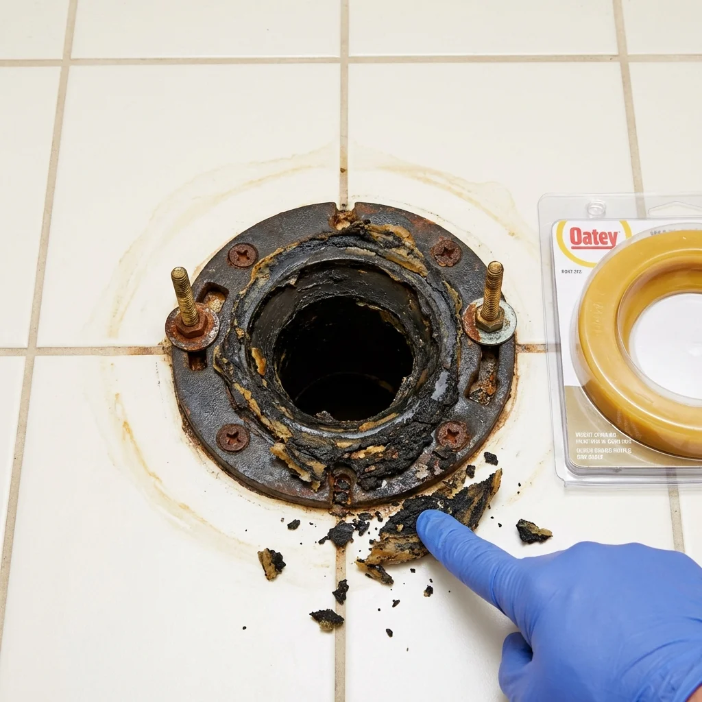Failed wax ring showing water seepage at the base of a toilet in a Luckey, OH home